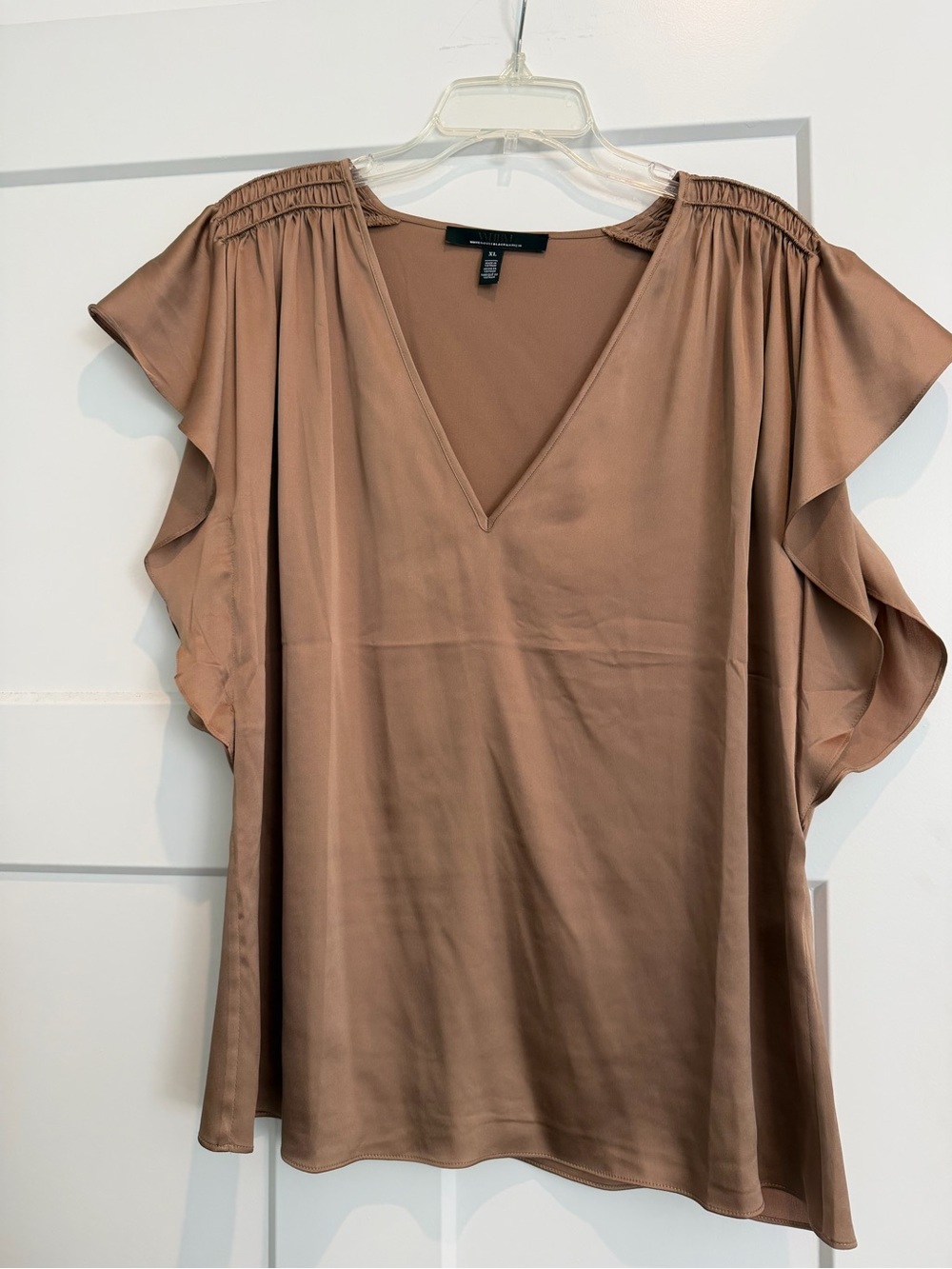 White House Black Market Brown V-Neck Ruffle Sleeve Blouse